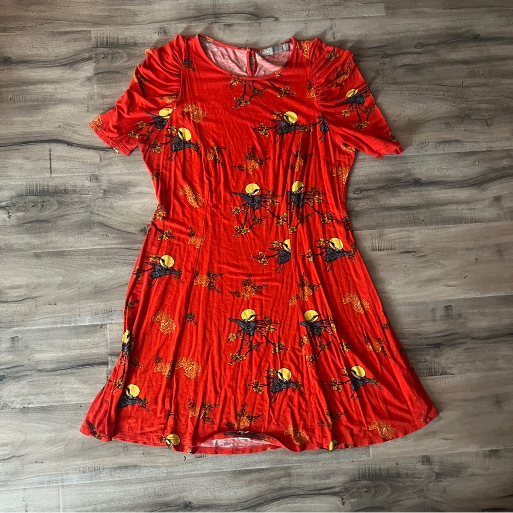Red Floral Dress with Bird Print